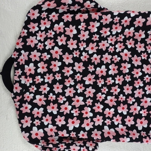 Cabi Black Pink Floral V-Neck Pleated Front Short Cap Sleeve Pullover Tunic Top - Picture 10 of 12